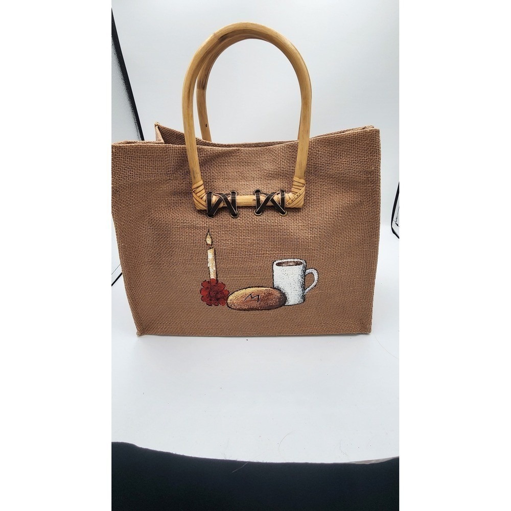 Hand Painted Burlap Tote Bag Bamboo Handles Jute Market Bag Brown